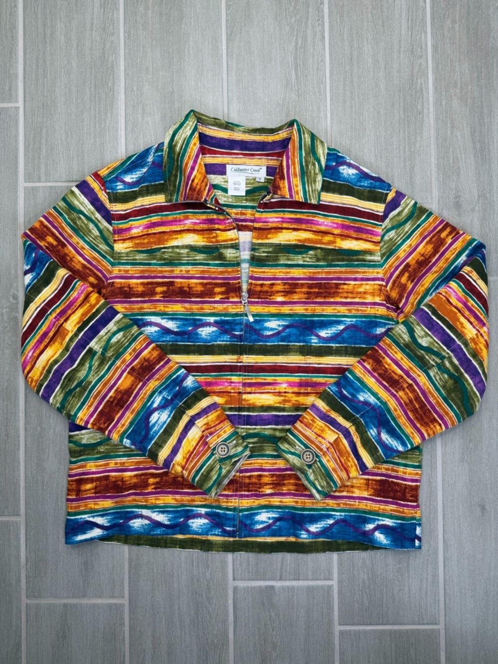 Coldwater Creek Multistripe Collared Zip Jacket in Purple, Green & Gold